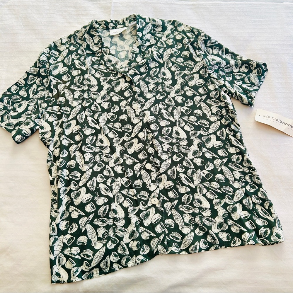 Vintage 90s Liz Claiborne Hat-Print Blouse – Green & Ivory – Button Front – Size - Picture 10 of 15